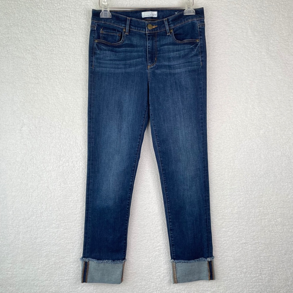 Loft Womens Modern Straight Leg Jeans Dark Wash Raw Hem Size 6 28 Indigo Stretch - Picture 1 of 13